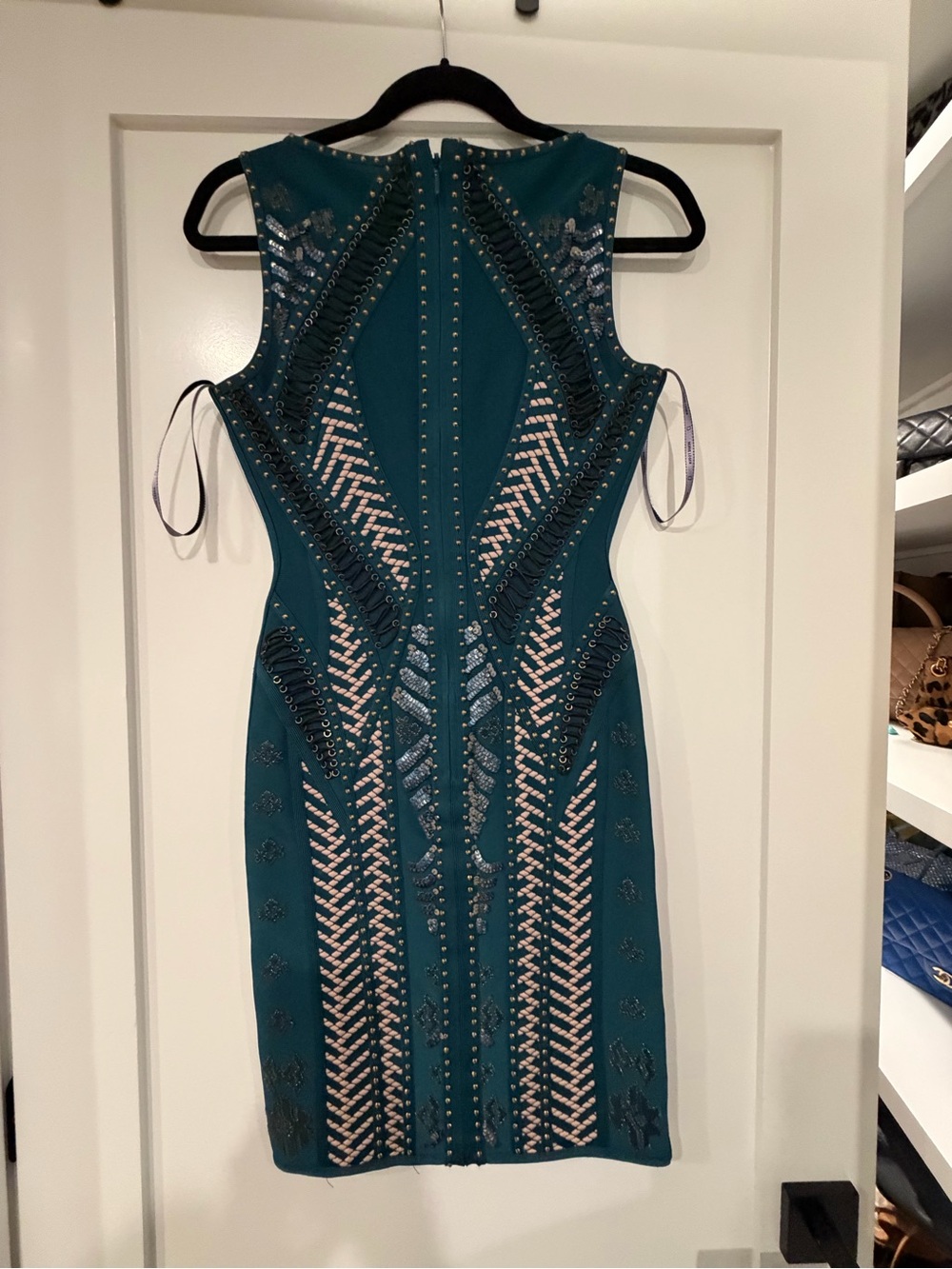 Herve Leger Teal Beaded V-Neck Mini Dress - Picture 2 of 3